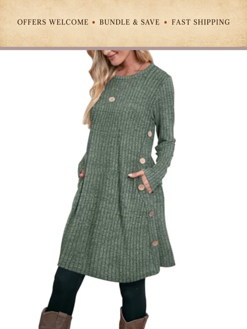 Womens Long Sleeve Casual Fall Dress with Pockets and Side Buttons Loose Fit